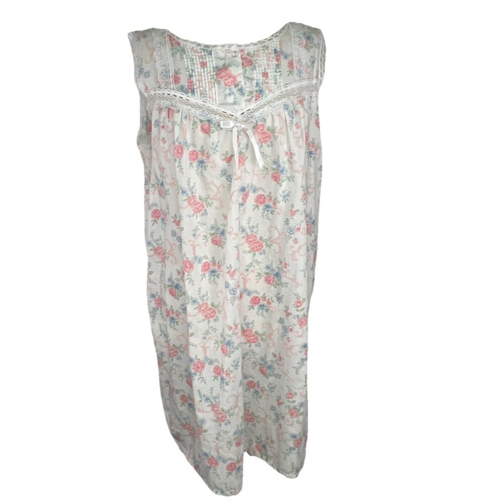 Vtg Willow Creek Sz M Floral Cotton Cottagecore Sleeveless Nightgown Pink Blue
